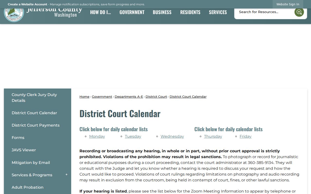 Jefferson County court calendar weekday links
