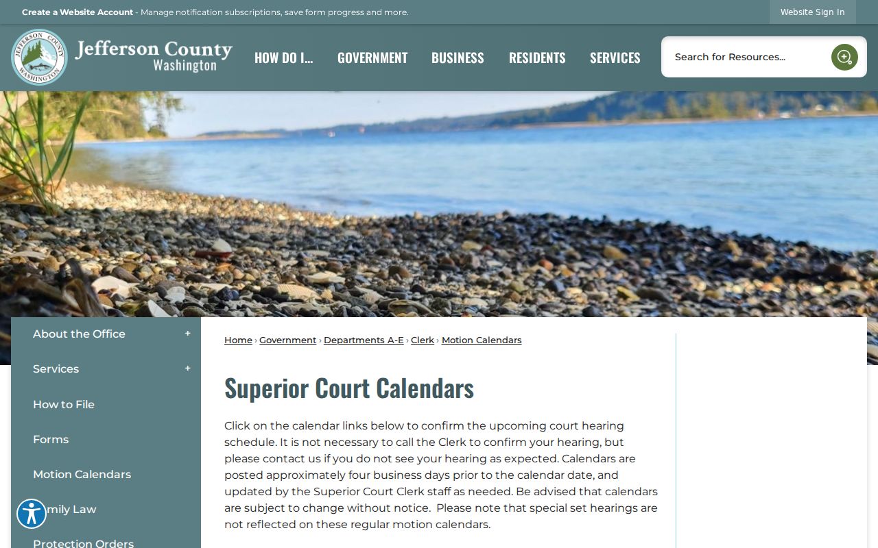 Jefferson County Superior Court calendar page