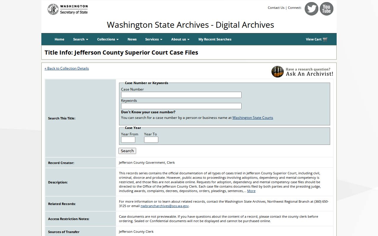 Jefferson County court records search form in Digital Archives